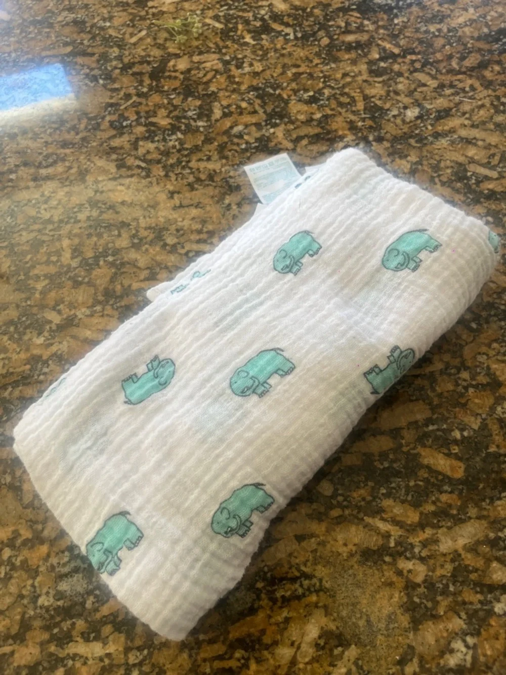 aden + anais White Muslin Swaddle with Mint Elephant Print